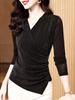 Camiseta de Malla con Cuello en V Cruzado para Mujer de Manga Larga Temporada Primavera Nueva Camisa de Seda Brillante con Elegante Encaje Interior Camiseta Top