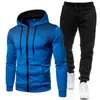 Nuevo conjunto deportivo con capucha de forro polar de color liso europeo y americano para otoño e invierno, sudadera y pantalón de chándal para hombre, casual, con puntos y cierre de cremallera