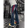 Jeans Americano Retro Patchwork Listrado Micro-Flare para Homens Outono High-End Rascally Cool Três Listras Soltos de Perna Larga Calças Longas