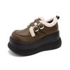 Mocassins com Forro de Lã para Mulheres 2026 Novo Outono e Inverno Sapatos Peludos Quentes Sapatos de Couro Versáteis Pretos Sapatos de Algodão com Solado Grosso para Aumentar a Altura