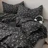 Conjunto simples de quatro peças em algodão puro xadrez estilo vintage, conjunto de três peças de algodão Maillard puff de luxo leve para dormitório, fronha única