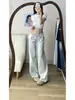 Jeans Rectos Largos de Pierna Ancha Estrecha Azul Claro de Cintura Baja Estilo Chica Picante Estilo Americano para Mujer, Talla XS Petite, que Realzan la Altura y Adelgazan
