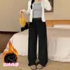 Calça de Listras Cinzas Wide-Leg para Mulheres, Outono/Inverno 2026, Forrada com Fleece, Cintura Alta, Caimento Fluido, Para Baixas, Estilo Relaxado e Casual