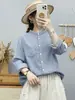 Camisa de manga larga de gasa de algodón de doble capa con cuello mao pequeño de espiga para mujer, exportación a Japón, camisa de algodón puro suave y agradable para la piel