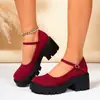 2025 primavera y otoño nuevo comercio exterior talla grande punta redonda moda suela gruesa tacón grueso hebilla de una tira zapatos de cuero pequeños para mujer venta al por mayor