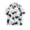 Camisa de Manga Curta com Estampa de Gato Graffiti Estilo Havaiano para Homens e Mulheres Camisa Drapada para o Trabalho Design de Jaqueta de Meia Manga