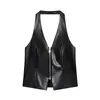 Comercio Exterior Transfronterizo Europeo y Americano Amazon Sexy Atractiva Escote en V Profundo Cremallera Color Sólido Cuello Halter Ajustado Cuero PU Chaleco Top