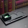 Portavasos Posavasos de Madera y Cuero para Hotel y Conferencias Portabolígrafos de Tres Agujeros para Agua Mineral y Té Suministros de Pinza de Conferencias A4