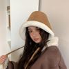 Chapéu de pescador de pelúcia simples de cordeiro estilo japonês para mulheres, outono e inverno, rosto pequeno, forrado de lã espessada, casual, chapéu de bacia, proteção para orelhas quentes