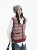 Colete de Tricô Jacquard Estilo Coreano Retrô Fair Isle Feminino Outono Inverno Gola V Sem Mangas Peça para Sobrepor Top Tank Jaqueta Colete