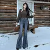 Calça Jeans Flare de Barra Desfiada com Franjas Estilo Americano para Mulheres, Novo Outono 2026 Cintura Alta Slim Fit Comprimento Total Flare
