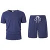 Comercio Exterior Conjunto de Primavera y Otoño para Hombre Europeo y Americano Conjunto de Dos Piezas de Algodón y Lino de Manga Corta y Pantalones Cortos con Cordón y Bolsillos