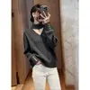 Suéter Minimalista de Gola V Halter Cinza Escuro Estilo Coreano para Mulheres, Top de Tricô Casual Slim-Fit de Manga Longa para Outono e Inverno