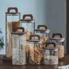 Pote de Vidro com Alça Estilo Americano para Grãos de Café e Cereais, Pote Hermético com Tampa e Alça de Madeira, Pote de Vidro Armazenador à Prova de Umidade