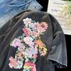 Camiseta Marca de Moda Padrão Literário Manga Três Quartos Tendência Masculina Trendy Ins Tendência de Primavera Popular Juvenil Diária Nova Gola Redonda