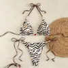 Bikini de Verano 2027 Europa y América Estampado de Cebra con Tirante al Cuello para Mujer, Sexy, Tiras Divididas, Traje de Baño Bikini de Playa