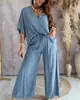 En Stock Transfronterizo Amazon Aliexpress Sitio Independiente 2026 Cuello en V Mangas Murciélago Casual Holgado Pantalones de Pierna Ancha Conjunto para Mujer