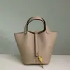 Bolsa feminina de couro bovino com camada superior de fio encerado costurado à mão, cesta de vegetais em TC, couro genuíno, bolsa balde 18cm, bolsa mensageiro mini portátil