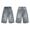 Jeans Cropped Jeans de Retalhos Degradê Retro Americano Rasgado para Homens e Mulheres Calças de Cintura Média Wide-Leg com Retalhos Desconstruídos Lavadas Desgastadas