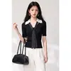 Suéter de punto de estilo universitario coreano con bloques de color en el cuello, imitación de dos piezas, para mujer, primavera/verano, ajuste slim, manga tres cuartos