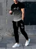 Moda Casual Europeia e Americana Temu 2025 Transfronteiriça Conjunto de Camiseta de Manga Curta e Calça Longa Masculina com Estampa Gradiente de Letras