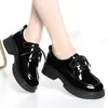 Zapatos de Cuero con Cordones, Punta Redonda, Estilo Británico, Suela Gruesa para Mujer, Mocasines Retro de Plataforma Negros, Zapatos de Tacón Grueso Profundos de Charol