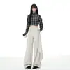 Nova Coleção de Primavera: Calça Casual Feminina de Cintura Alta com Perna Larga, Fita Irregular Marrom-Cinza, Emagrecedora e com Caimento Fluido, Perna Reta