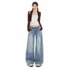 Jeans para mujer con diseño de cintura alta plegable estilo americano, nuevos pantalones versátiles de pierna recta con lavado vintage