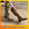 Botas de Moda Estilo Coreano con Pliegues y Tacón Grueso para Uso en Exteriores, Novedad Otoño e Invierno 2026, Punta Redonda, Adelgazantes, Versátiles, de Tacón Alto, Arrugadas, Botas Largas