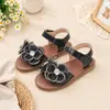 Sandálias Estilo Princesa para Meninas Malha Flor com Strass Velcro Outdoor Banquete Solado Macio Antiderrapante Sapatos para Meninas