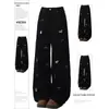 Elegantes jeans negros de pierna ancha para mujer, nuevo modelo de otoño con bonito bordado de cachorro, pantalones rectos de cintura alta para estudiantes