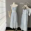 Kongzhai Xinyu_Estilo Francês Garota Cool* Renda Bolinhas Vestido de Alcinha para Férias Azul Algodão Modelagem Solta Direto da Fábrica