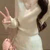 Camisa básica de malha com gola V e mangas sino, top feminino de manga longa para o início do outono e inverno, suéter canelado de alta qualidade com decote baixo