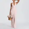 Vestido elegante de cor sólida para mulheres, nova coleção de outono, estilo europeu e americano transfronteiriço, vestido longo sexy de gola halter com fenda