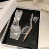 Sandalias de pedrería, tacones transparentes, sandalias de punta cuadrada, tacones altos para mujer, tacones gruesos elegantes de punta cuadrada, sandalias de exterior, súper brillantes y versátiles