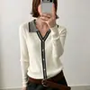 Cardigã de malha com gola polo e blocos de cor retrô para mulheres, novo design de primavera e outono, suéter elegante e versátil