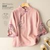 Primavera e Verão Manga Média Bordada Carcela Inclinada Botão Algodão e Linho Roupa de Chá Estilo Étnico Algodão e Linho Camisa Artística Retrô Estilo Novo Feminino
