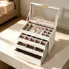 Caja de joyería de alta gama de gran capacidad con tres cajones y tapa abatible con ventana, caja de almacenamiento de joyería para collares, pulseras, anillos, caja a prueba de polvo