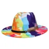 Sombrero de Jazz Estilo Europeo y Americano Británico, Fedora de Lana con Graffiti de Colores y Cinta, Sombrero de Ala Ancha para Hombres y Mujeres, Sombrero Versátil de Ala Ancha