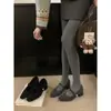 Sapatos femininos de inverno cinza, bico quadrado, salto grosso, estilo francês elegante, forrados com fleece, sapatos Mary Jane de pele de salto alto