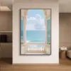 Pintura Decorativa Moderna Simples de Janela Falsa com Paisagem Marinha Pintura de Chão para Parede de Fundo de Sofá Extensão de Espaço Pintura para Pendurar no Quarto