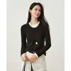 Outono Precoce Estiloso e Prático Cor Color Block Falso Duas Peças Amarração no Pescoço Costas Emagrecedor Manga Longa Camiseta Camada Base Top Feminino