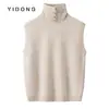 Colete feminino de cashmere de malha lisa de 5 agulhas, com gola alta, ombros largos, gola dobrável ou alta, tricô pullover espesso