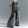 Jeans estilo americano High Street com Cinto Preto Rasgado estilo Mendigo Feminino Verão Cintura Alta Reta Solto Modelador Punk