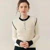 Nuevo Suéter de Cachemira Pura para Mujer Otoño e Invierno con Cuello Redondo Grueso, Mangas de Color Contrastante, Medio Botones, Canalé, Tejido Cálido