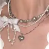 Collar de Múltiples Capas con Borlas, Corazón con Lazo Blanco y Perlas, Estilo Dulce y Fresco, Cadena para Clavícula Moderna y de Alta Gama, Exquisita y Versátil