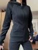 Chamarra Sudadera Azul Marino Ajustada para Mujer, Estilo Nuevo de Principios de Otoño 2026 para Primavera y Otoño, Ceñida a la Cintura, Hombro Normal, Top Corto con Capucha