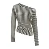 Atacado de Roupas Femininas Transfronteiriças Outono Novo Estilo Europeu e Americano Sexy Ombro Inclinado Sem Ombros Cintura Franzida Listrado Slim Top Camiseta
