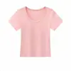 (U-pescoço grande) Camiseta feminina 230g fio de elastano 92% algodão 8% elastano, casual, confortável, versátil, com estampas e bordados