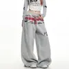 Pantalones de chándal anchos vintage desgastados con patchwork de la Union Jack para hombre y mujer, estampado de letras estilo americano, pantalones casuales rectos holgados con cordón